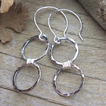 Loop-de-Loop Wrapped Circle Duo - Hammered Sterling Earrings with Sterling Wire Wrap