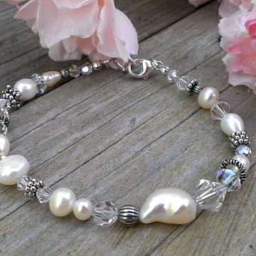 Shades of White - Single Strand Bracelet in Pearls, Crystals & Sterling