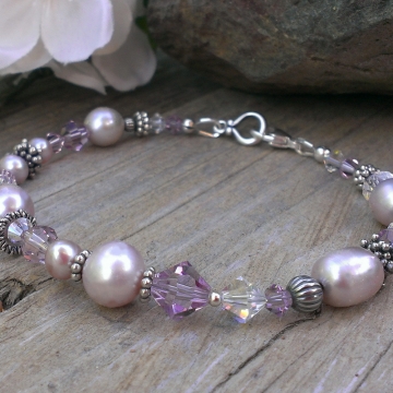 Shades of Lilac - Single Strand Bracelet in Pearls, Crystals & Sterling