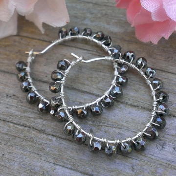 Pyrite Faceted Rondlles Wrapped in Sterling on Handforged Sterling Hoops