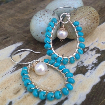 Kingman Mine Turquise Wrapped in 14KGF with Pearl Charm