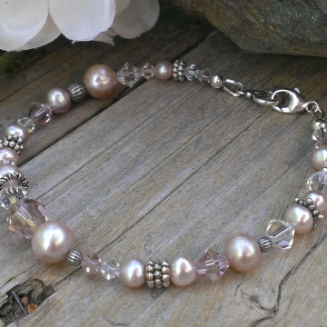 Shades of Pink - Single Strand Bracelet in Pearls, Crystals & Sterling