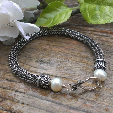 Viking Knit Bracelet  - Pearl Accents on Endcap