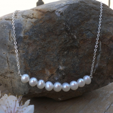 Dainty Pearl Necklace - 9 White Freshwater Pearls on Sterling Chain