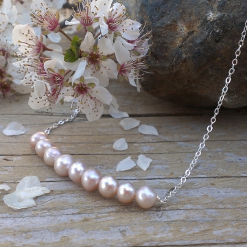Dainty Pearl Necklace - 9 Freshwater Pearls on Sterling Chain