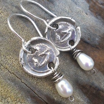 Antique Insignia / Fine Silver Earrings - Birds & Birdbath with Pearl Charms