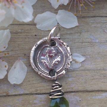 Antique Insignia / Fine Silver Pendant - Posey & Chrome Diopside Charm