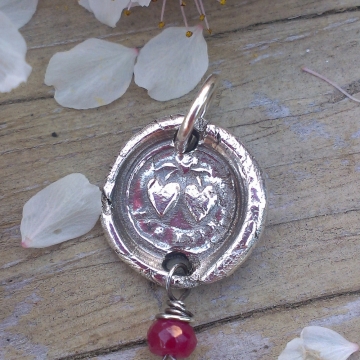 Antique Insignia / Fine Silver Pendant - "Forever" & Ruby Charm (Two Hearts Intertwined above)