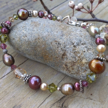 Autumn Shades - Single Strand Bracelet in Pearls, Crystals & Sterling