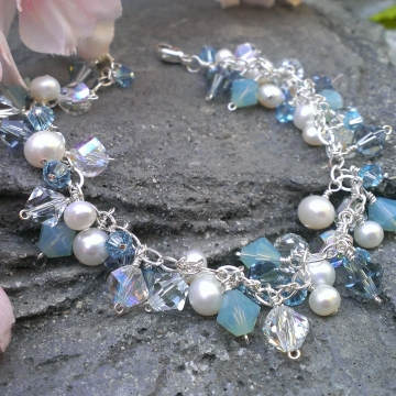 Blue Skies Ahead - Charm Bracelet / Sterling Silver, Freshwater Pearls & Swarovski Crystal