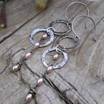 Double Hoop Charm Earrings - Hammered Sterling Circles & Linked Pink Pearls with Wonky Wrap