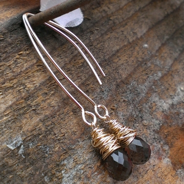 Wonky Wrapped Earrings in 14K Gold Filled - Gorgeous Grade A Smoky Quartz Briolettes on Long, Handforged "V" Hook Earwires