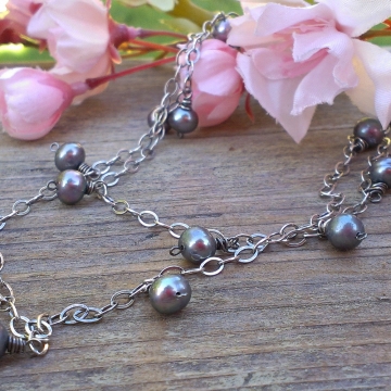 Pearl Charm Necklace - Pewter Pearls, 22 inch length, adjustable