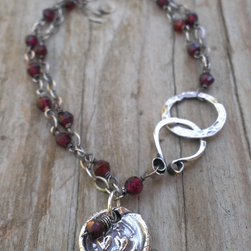 Double Strand Gemstone Link with Insignia & Charms - Garnet, "For Ever"