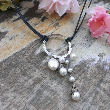 Emmy Charm Necklace with Gemstone & Pearl Charms on Leather