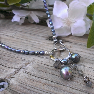 Emmy Pearl Necklace (Pewter Pearl) with Gemstone & Pearl Charms