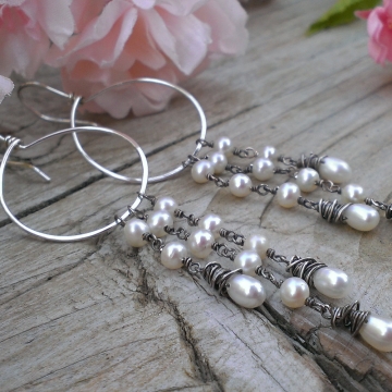 Hoop Earring with Freshwater Pearl Cascade - Choice of White, Pewter (Grey) or Pink