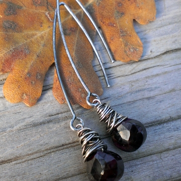 Wonky Wrapped Earrings in Sterling Silver - Gorgeous Garnet Briolettes on Long, Handforged "V" Hook Earwires