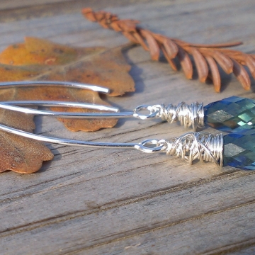 Wonky Wrapped Earrings in Sterling Silver - Gorgeous Swarovski Briolettes on Long, Handforged "V" Hook Earwires