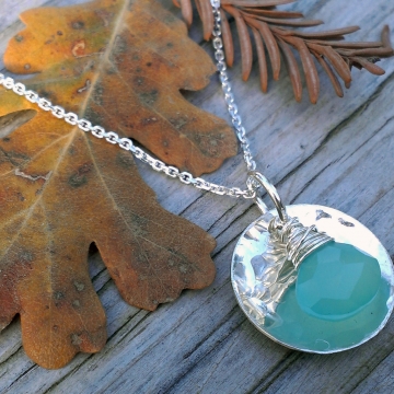 Hammered Disk & Green Chalcedony Drop Necklace - on Chain