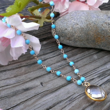 Sleeping Beauty Turquoise Linked Gemstone Necklace with Vermeil Quartz Pendant & Handforged Clasp - 14K Gold Filled