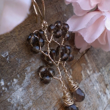 Vine Collection - Smoky Quartz Earrings in 14K Gold Fill / Smoky Quartz Faceted Rondelles with Briolette Charms