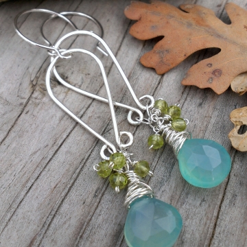 Teardrop Sterling Frame Earrings with Chalcedony Briolette & Faceted Peridot Clusters