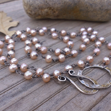 Chain of Pearls Necklace - Peach Freshwater Pearls linked with Sterling Silver, Medium Strand (20")