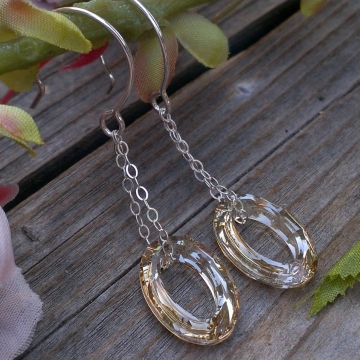 Champagne Swarovski Earrings - Cosmic Oval Cut Swarovski dangles from sterling chain on handforged sterling hoops