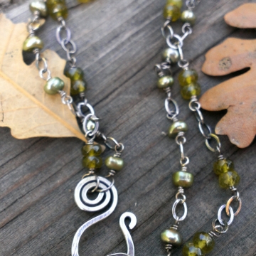 Green Gemstone Bracelet - Double Strand Vesuvianite & Freshwater Pearl Linked With Oxidized Sterling Silver