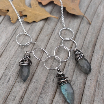 Labradorite Marquise Briolette Charms on Sterling Links, Hanforged, with Dainty Chain