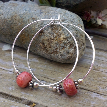 Handforged Sterling Hoop with Fossilized Coral & Sterling Bead Accents - Large