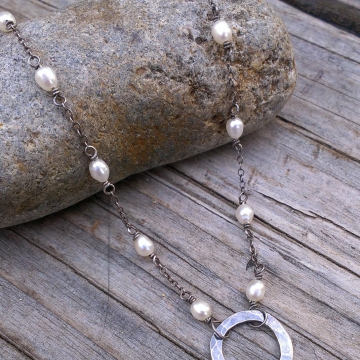 Pearl Station Necklace with Hammered Circle Focal Link, handforged sterling, adjustable
