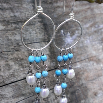 Sleeping Beauty Turquoise & Pearl Cascade on Handforged Sterling Hoop Earrings