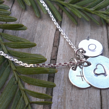 Hugs & Kisses - Handstamped Sterling Disk Pendants on Sterling Chain (Heart, X and O)