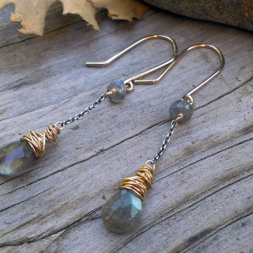Mixed Metal Labradorite Earrings- Labradorite Briolettes wrapped in 14KGF Wonky Wrap on Oxidized Sterling Chain