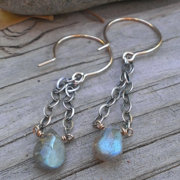 Labradorite Gemstone Earrings - Mixed Metal (sterling & 14KGF) with Labradorite Briolette