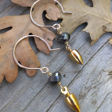 Mixed Metal Earrings - Hematite Rondelle on 14k Gold Filled Earwires with 18k Plated Brass Plumb Bob