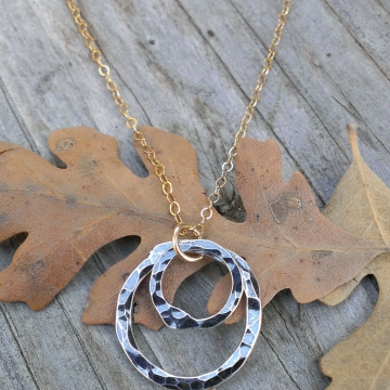 Oxidized Sterling Gold - Mixed Metal necklace; Oxidized Sterling Circle Duo on 14K Gold Filled Chain