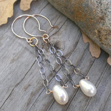 Cream Pearl Earrings - Mixed Metal (sterling & 14KGF) with Pearl Drop - handforged