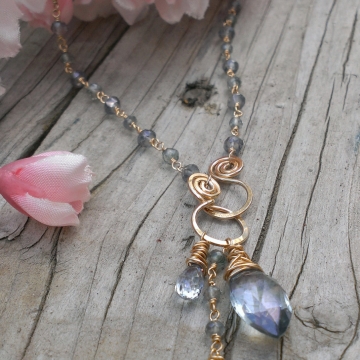 Blue Quartz Gemstones Linked with 14K Gold Filled Wire - Handforged Clasp & Gemstone Charms