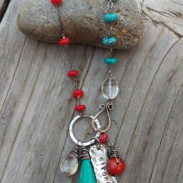 Coral and Turquoise Linked with Oxidized Sterling Wire - Handforged Clasp, Hand-stamped Medallion, Gemstone Charms