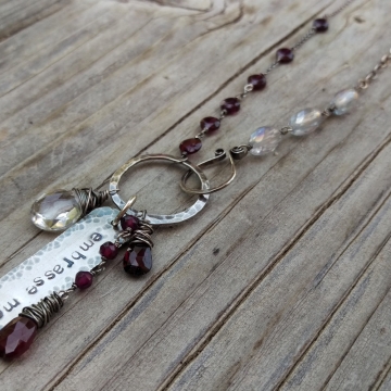 Garnet and Quartz Crystal Gemstones Linked with Sterling Wire - Handforged Clasp, Hand-stamped Medallion & Gemstone Charms