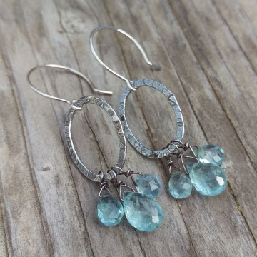 Textured Sterling Oval & Natural Aquamarine Cluster Charm Earring