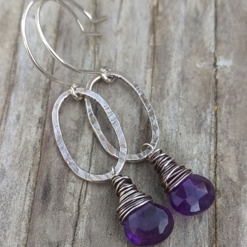 Textured Sterling Oval & Amethyst Briolette Charm Earring