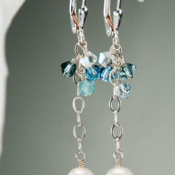 Blue Skies Ahead - Cluster Earrings, Long / Sterling Silver, Freshwater Pearls & Swarovski Crystal