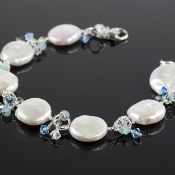 White Coin Pearl & Shades of Blue Swarovski Charm Bracelet