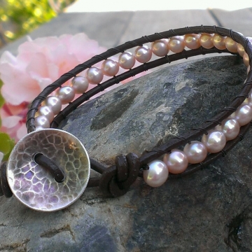 Leather Wrapped Bracelet - Brown Leather & Pink Pearls - Hanforged Sterling Button Clasp